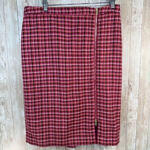 Talbots Houndstooth Wool Blend Pink Orange Black Pencil Skirt‎ Gold Zip Womens 8